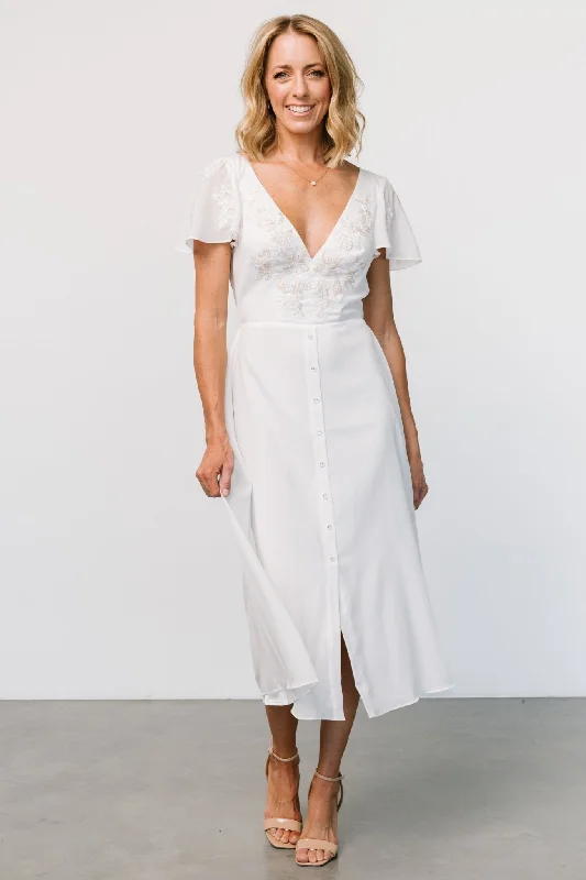 Youthful Vitality Swan Bead Embroidered Midi Dress | Off White