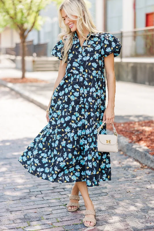 Fashion Concept Perfect For You Black Floral Button Down Midi Dress