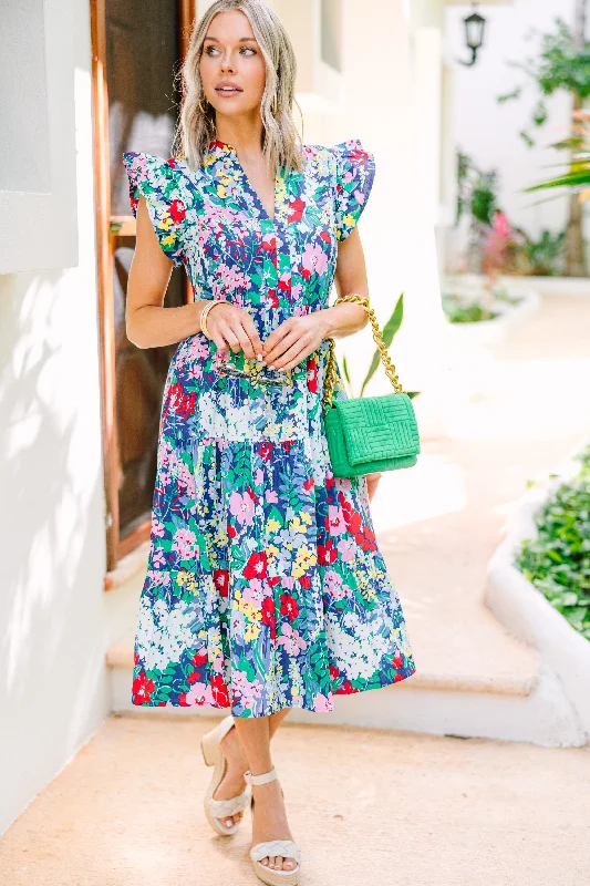 Embroidery Design Bright Days Ahead Navy Blue Floral Midi Dress