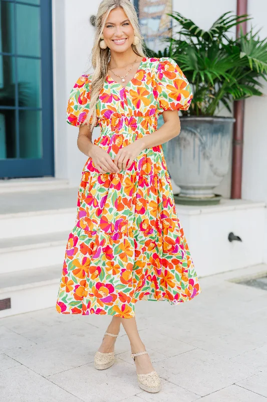 Editorial Design Fate: First Hand Coral Orange Floral Midi Dress