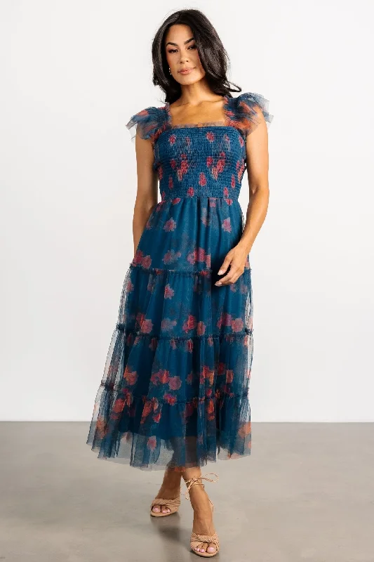 Retro Prints Clementine Tulle Midi Dress | Persian Blue + Rust