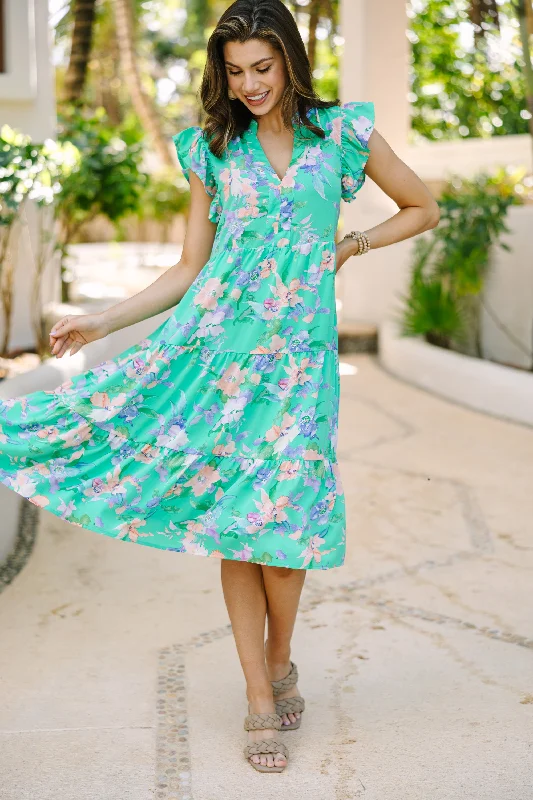 Fresh And Elegant Tell Me More Green Floral Midi Dress