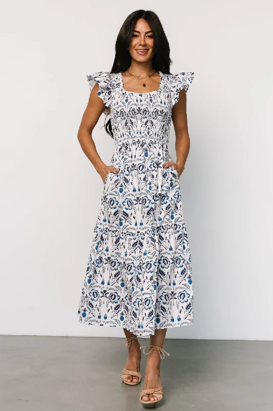 Urban Design Sense Rhodes Smocked Dress | White + Blue Print