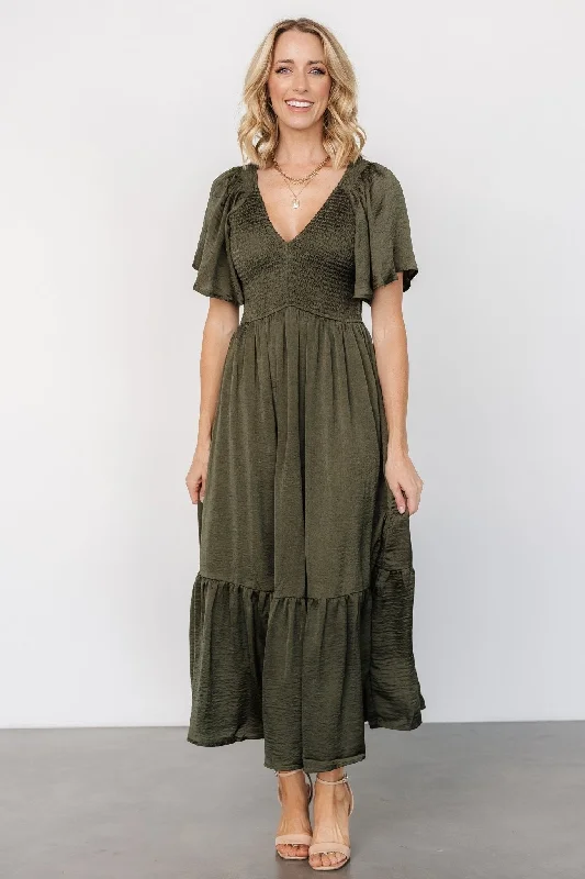 High-end Design Lovell Smocked Midi Dress | Deep Olive