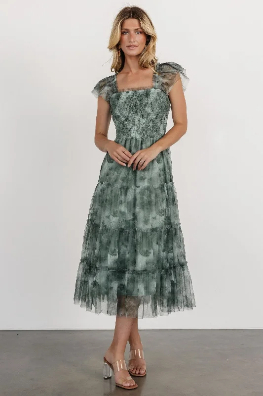 American Style Clementine Tulle Midi Dress | Dusty Green Print