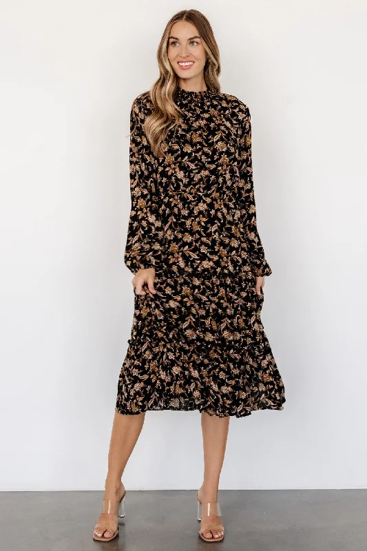 Casual Wear Kenice Mock Neck Dress | Black + Camel Print