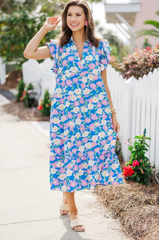 Free And Comfortable Look You Up Blue & Pink Floral Ruffled Midi Dress