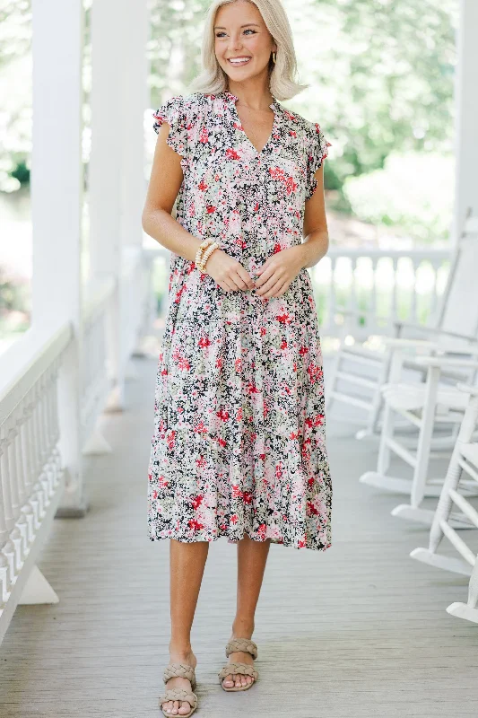 Noble And Elegant It's Another Day Black Ditsy Floral Midi Dress