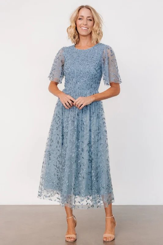 European Plan Kendra Embroidered Dress | Dusty Blue