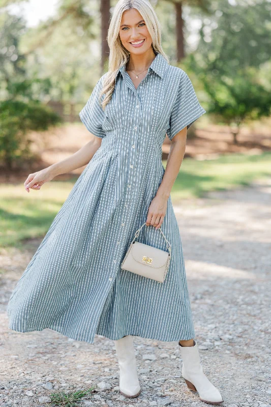 Exquisite Tailoring On Your Radar Dusty Olive Striped Midi Dress