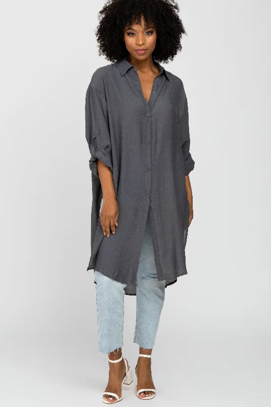 Energy Wear Charcoal Button Front Side Slit Oversized Blouse