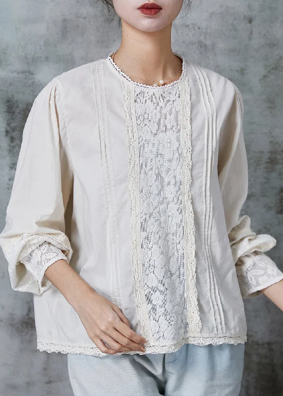 Minimal Style White Patchwork Lace Cotton Shirt Tops Wrinkled Spring