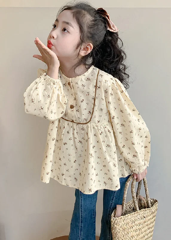 Free And Comfortable New Khaki O-Neck Print Cotton Girls Shirt Long Sleeve