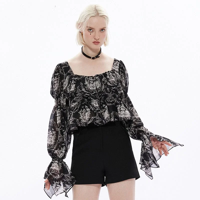 Tropical Style Women's Vintage Baroque Printed Square Collar Puff Sleeved Chiffon Top