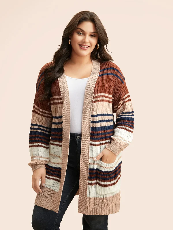 Advanced Design Contrast Striped Pocket Drop Shoulder Cardigan