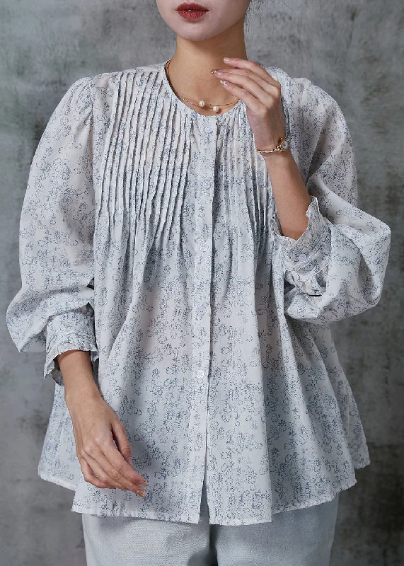 Classic Series Women White Oversized Print Wrinkled Cotton Shirt Top Spring