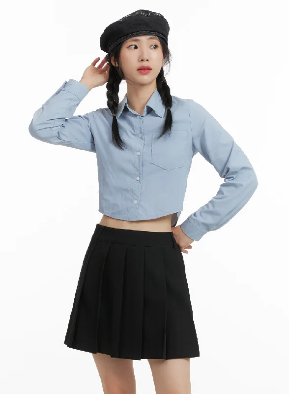 Classic Style Solid Collar Button-Up Crop Top OM408