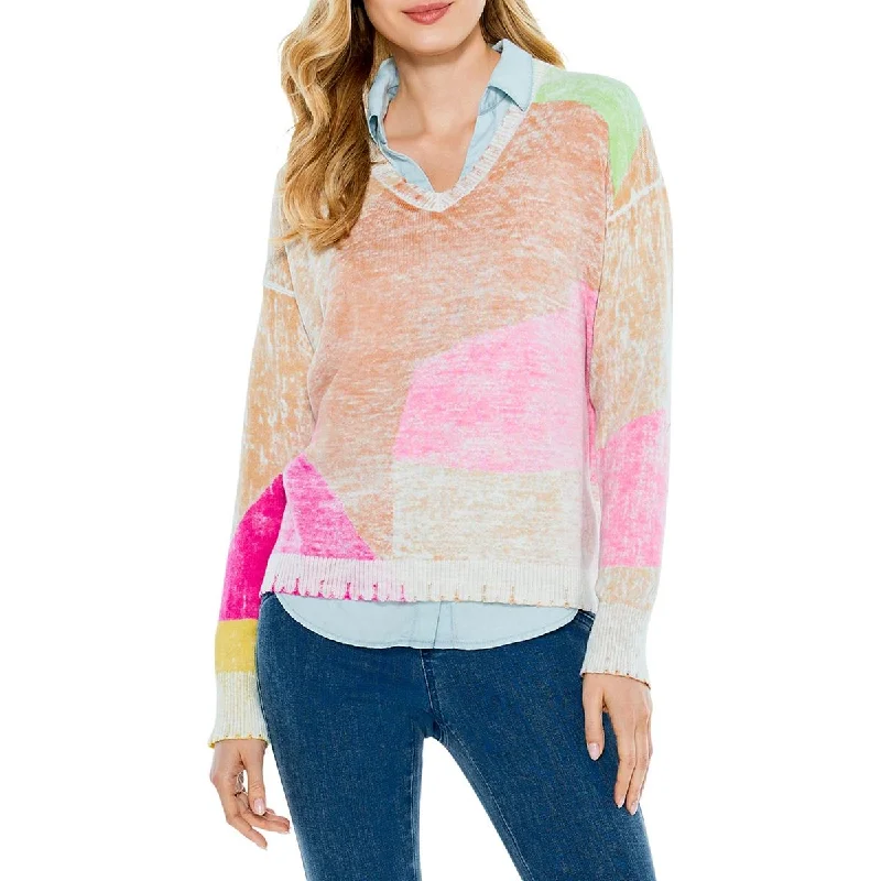 Fashion Expert Nic + Zoe Womens Mosaic Sunrise Cotton Printed Pullover Sweater