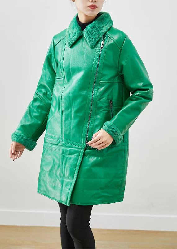 Sports Trend Natural Green Zip Up Patchwork Duck Down Faux Leather Coats Winter