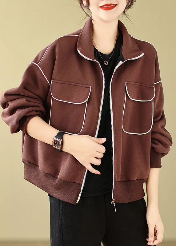 Simple Elegance Stylish Coffee Zip Up Pockets Cotton Jacket Spring