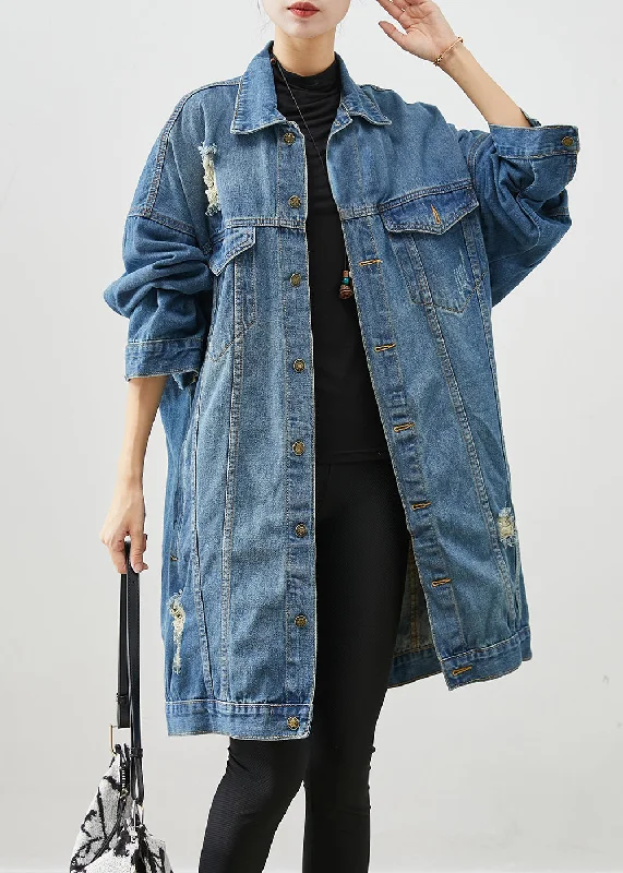 Summer Selection Loose Denim Blue Oversized Pockets Cotton Ripped Coats Fall