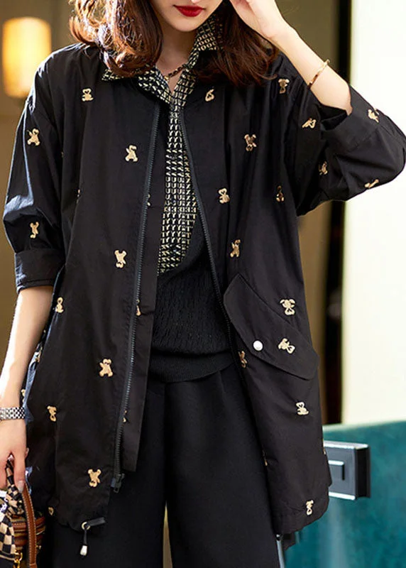 Elegant Outline Fashion Black Little Bear Embroidered Zippered Cotton Coat Long Sleeve