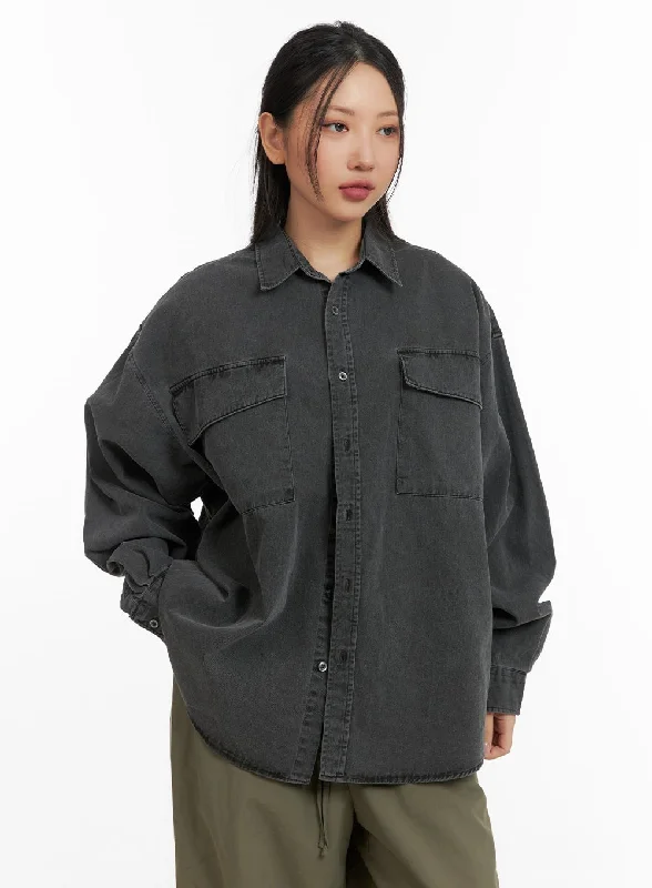 New Products Denim Collar Solid Pocket Blouse CM419