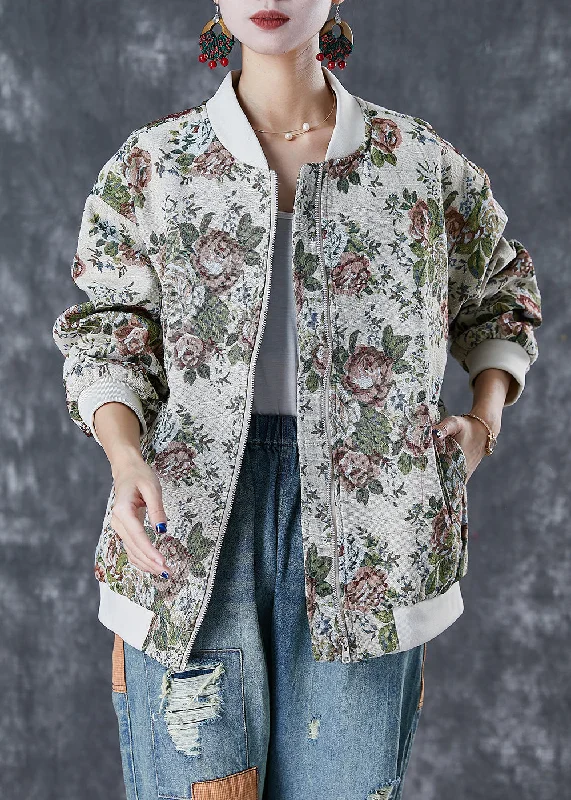 Sports Series Fashion Beige Oversized Print Cotton Jackets Fall