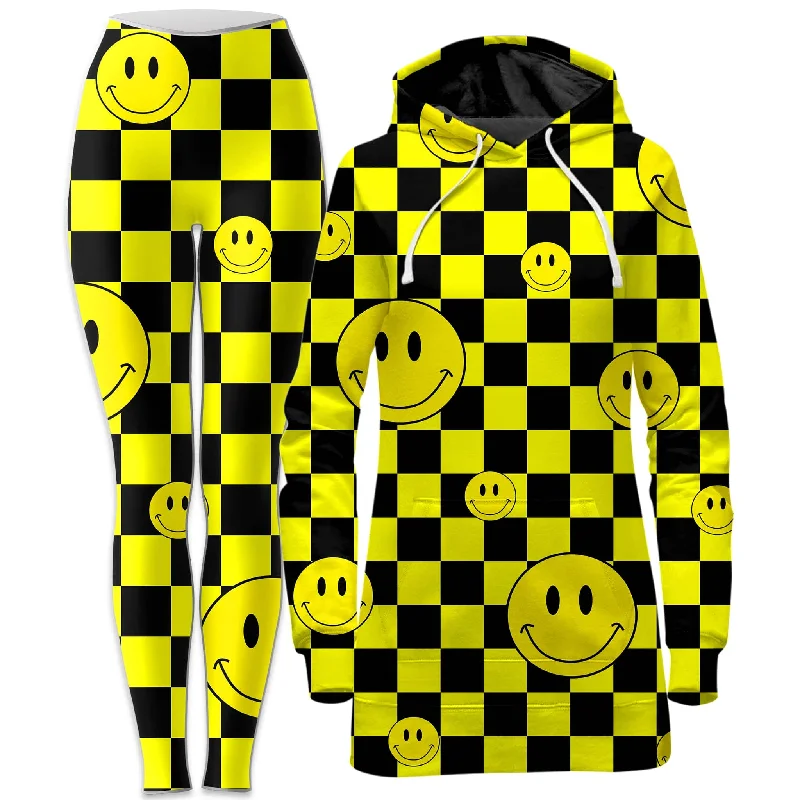 Basic Version Smile Checkerboard Hoodie Dress and Leggings Combo