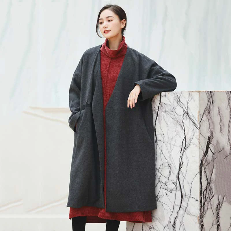 Exquisite Craftsmanship women black Coats trendy plus size V neck outwear vintage baggy pockets wool jackets