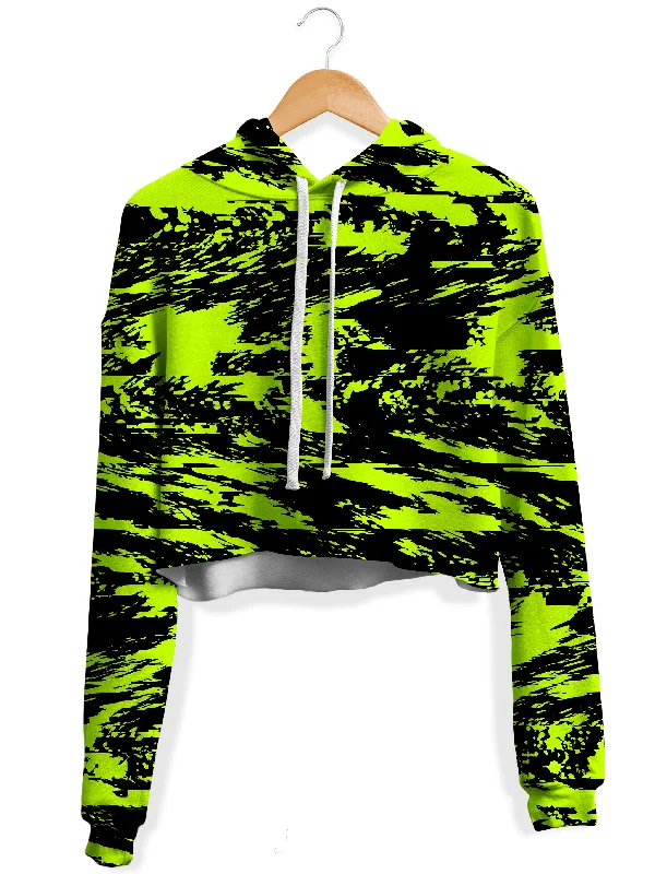 Trendy Comfort Black Lime Bolt Glitch Fleece Crop Hoodie