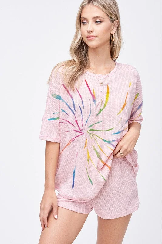 Relaxed Style Tie Dye Henley Lounge Set, Pink