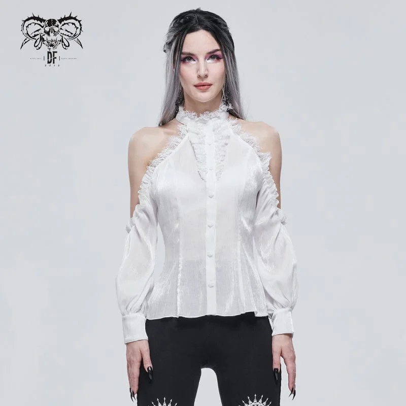 Design Must-have Women's Gothic Strappy Off Shoulder Lace Hem White Shirt