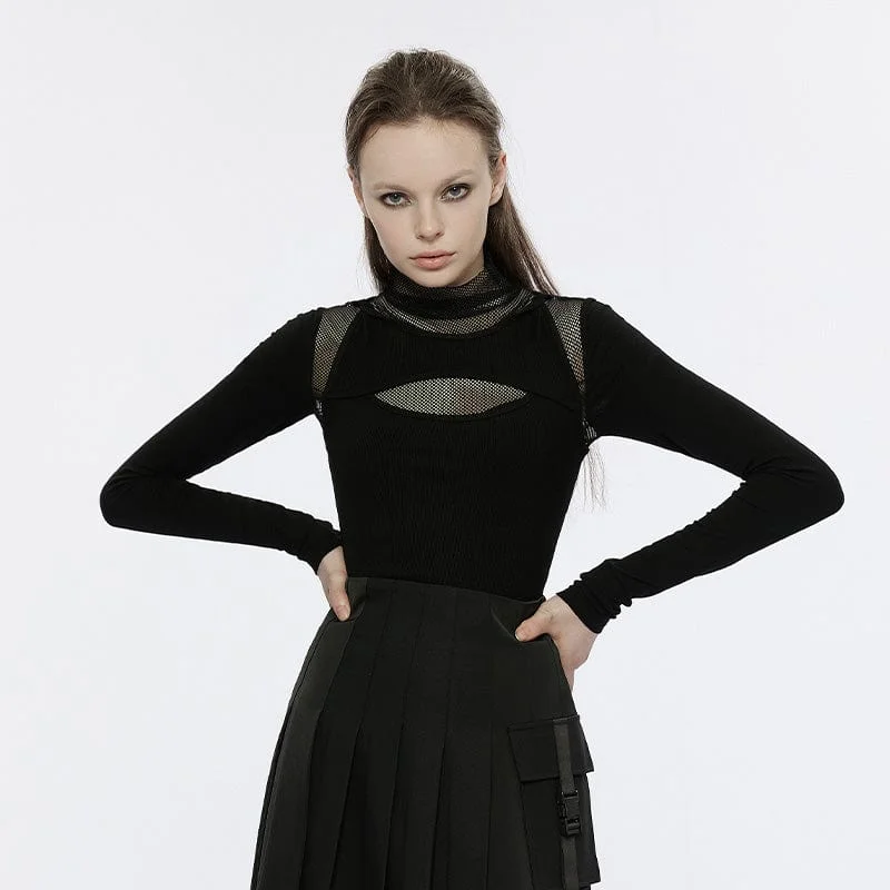 Fashion Wear Women's Punk High Collar Mesh Splice Shirt