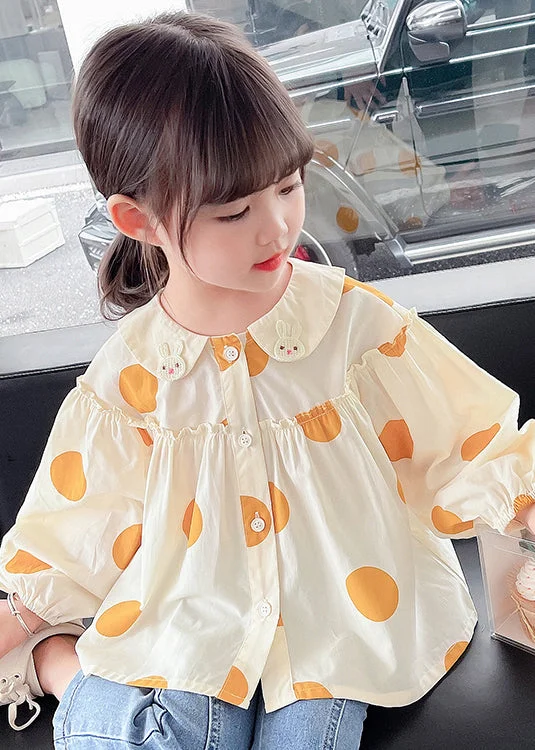 Street Fashion New Apricot Ruffled Button Print Cotton Kids Shirts Long Sleeve