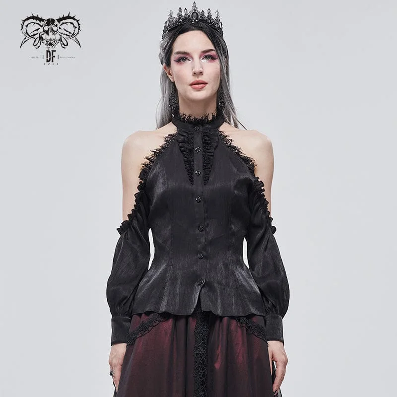 Soft Fashion Women's Gothic Strappy Off Shoulder Lace Hem Black Shirt