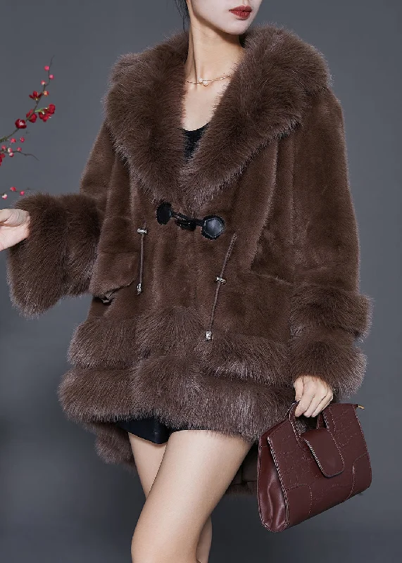 Fresh Wear Style Chocolate Oversized Low High Design Fuzzy Fur Fluffy Jacket Winter