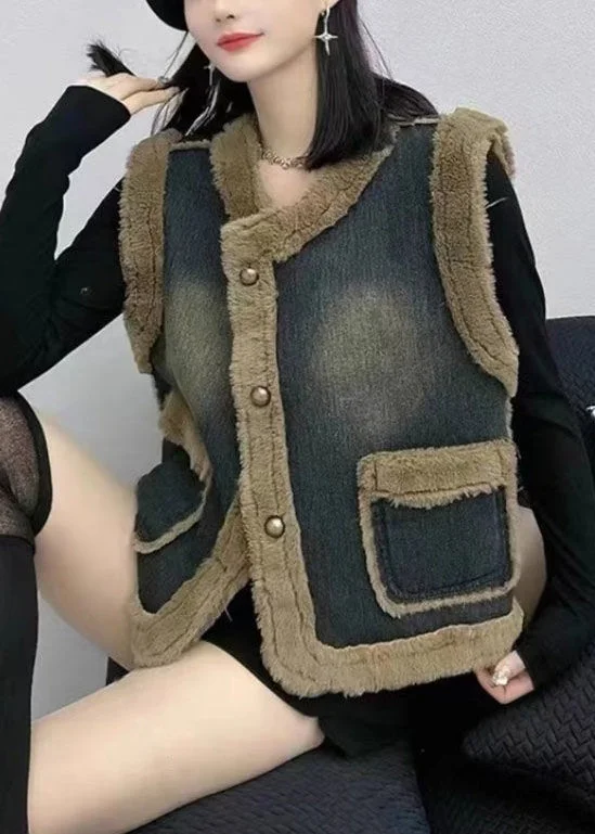 Chic Relaxation Women Navy Button Pockets Patchwork Thick Denim Waistcoat Sleeveless