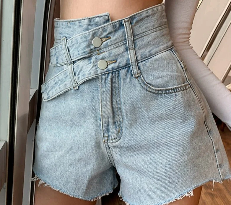 Sports Trend Double Buckle High Waist Denim Shorts