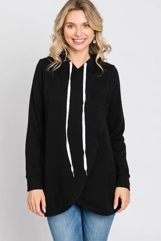 Simple Design Black Layered Front Nursing Fleece Hoodie