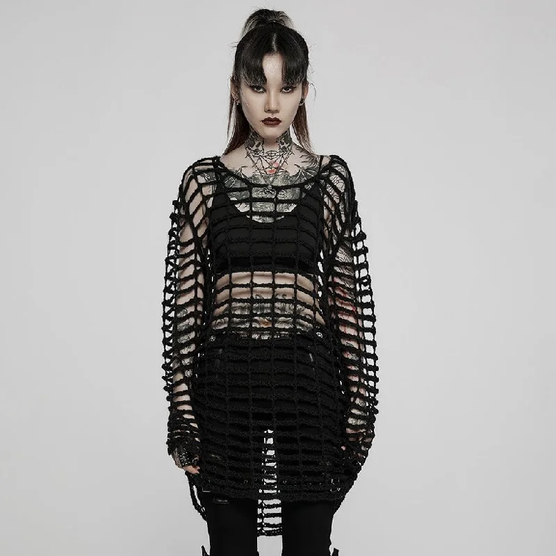 Fresh And Fashionable Women's Punk High/Low Hollow Long Mesh Top