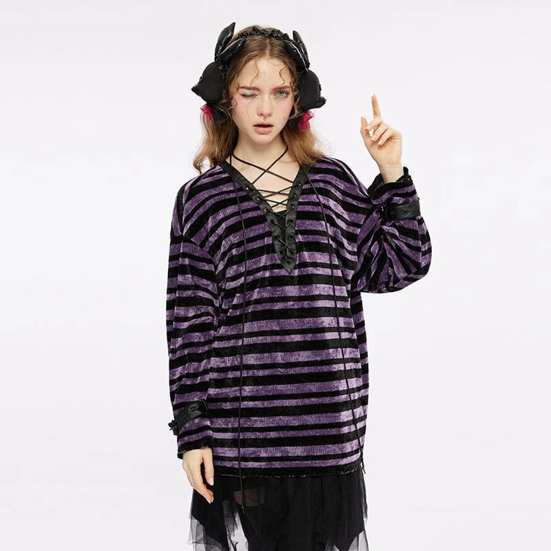 Classic Style Women's Grunge Strappy Plunging Stripes Shirt