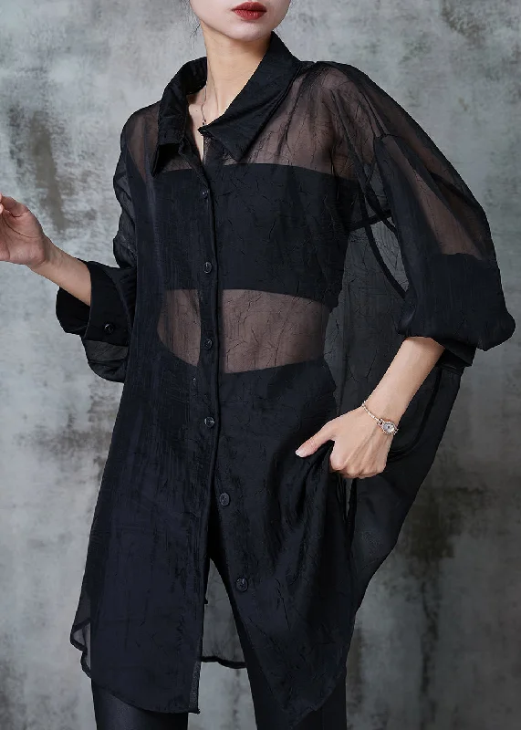 Comfortable Outfits Women Black Oversized Back Hollow Out Tulle Long Shirts Summer