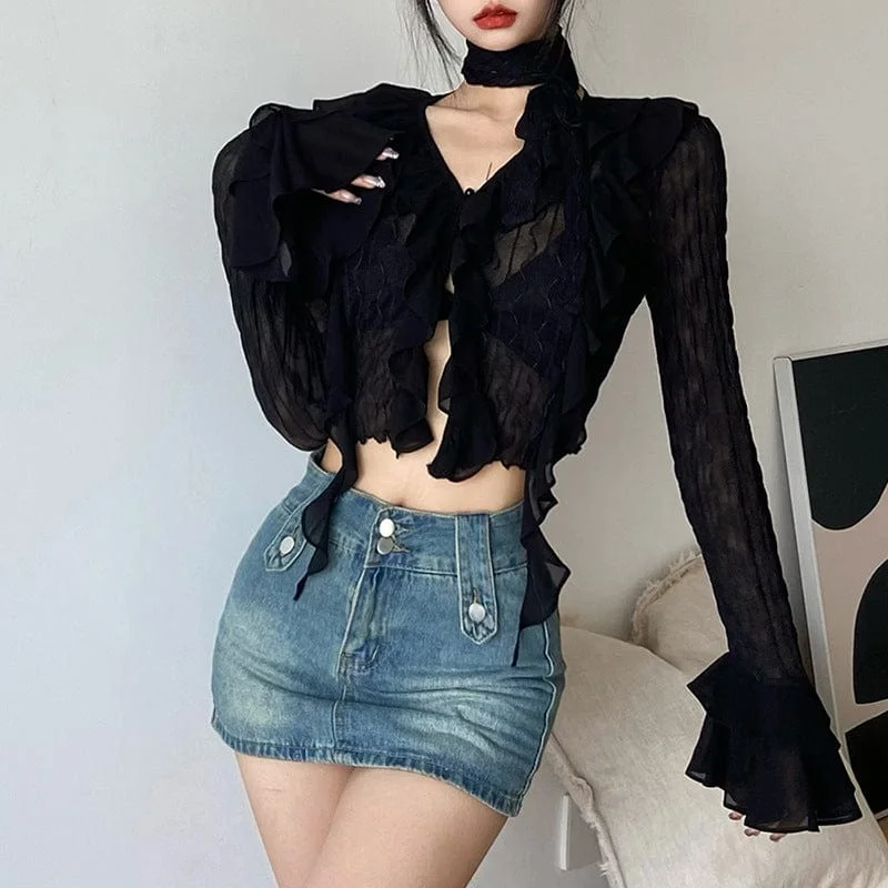 Sports Trend Women's Punk Plunging Ruffled Sheer Shirt