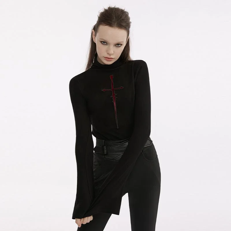 Noble And Elegant Women's Punk High-necked Cross Embroidered Shirt