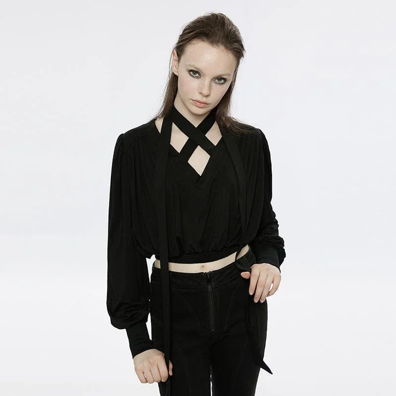 Elegant Series Women's Punk Strappy Puff Sleeved Plunging Shirt