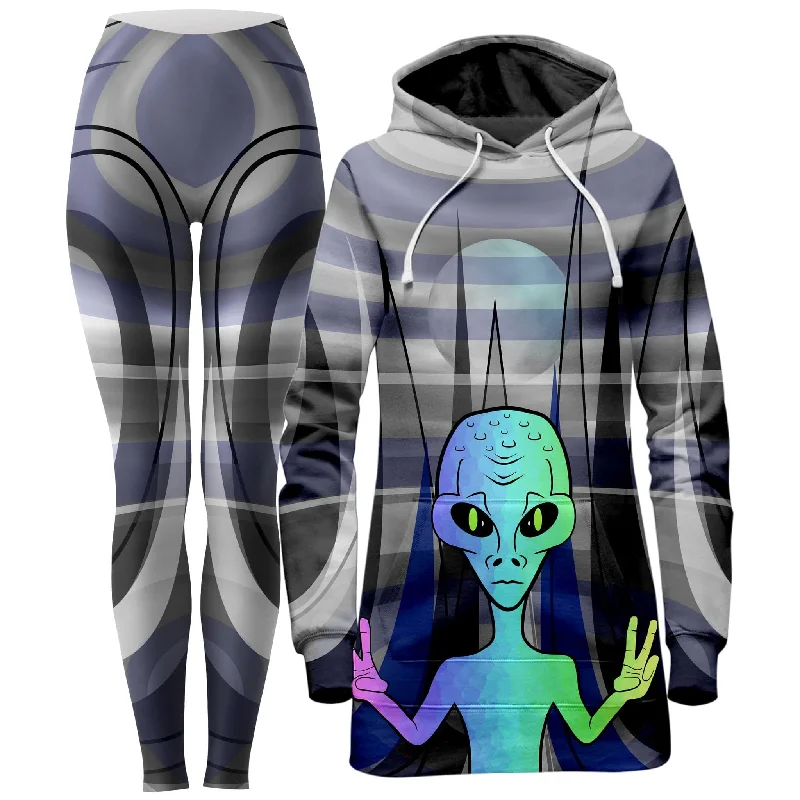 Lace Design Alien Arrival Hoodie Dress and Leggings Combo