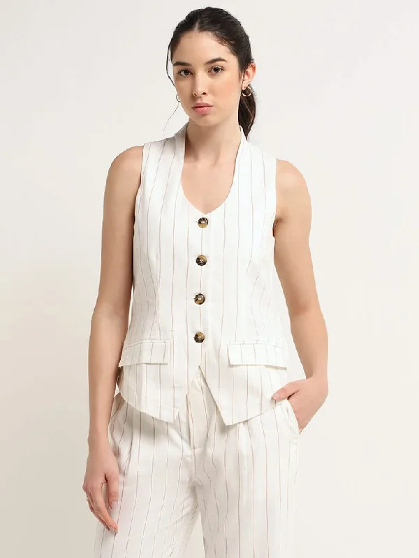 New Design Wardrobe Off-White Striped Cotton Waistcoat