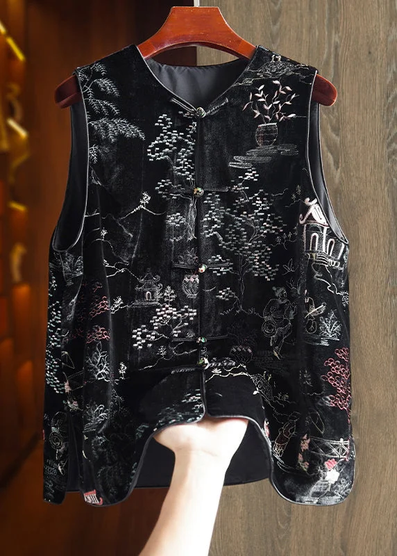 Tropical Style Women Black Embroidered Button Patchwork Silk Velour Waistcoat Fall