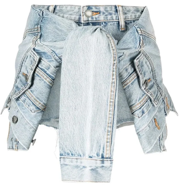 Advanced Design Jacket Tie Style Irregular Denim Shorts